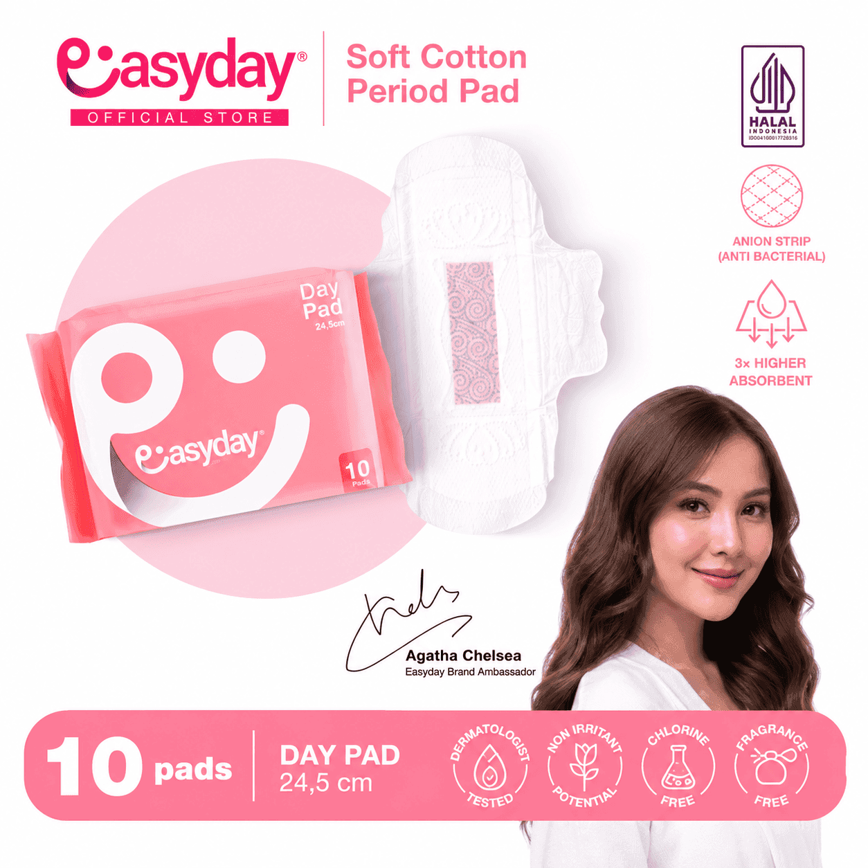 Easyday Day Pad with Wings – 24.5 cm – 10's | Pembalut Wanita Untuk Pagi Hari | Premium Cotton and Anion Strip Anti Iritasi & Bau